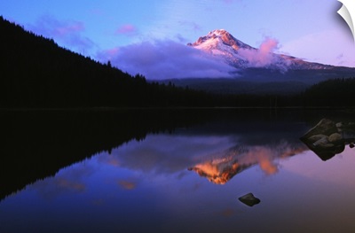 Foggy Mount Hood reflected in mountain lake, Oregon, united states,