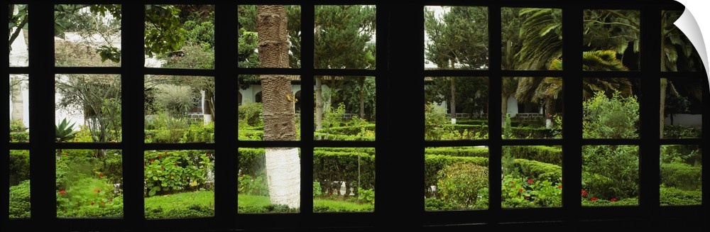 Panoramic image looking out of a silhouetted window into a garden.