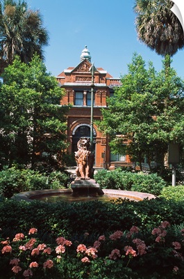 Fountain in a garden in front of a building, Savannah Cotton Exchange, Savannah, Chatham County, Georgia,
