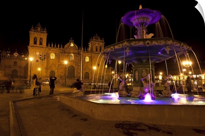 Fountain lit up at night, Plaza de Armas, Cuzco, Cusco Province, Peru