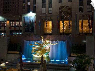 Fountain lit up at night, Rockefeller Center, Midtown Manhattan, Manhattan, New York City, New York State,