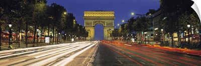 France, Paris, Arc de Triomphe, Champs Elysees, View of traffic on an urban street