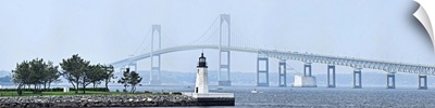 Goat Island Lighthouse with Claiborne Pell Bridge, Newport, Rhode Island