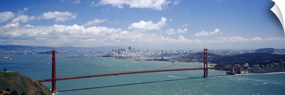 The Golden Gate bridge from a distance on a sunny day in San Francisco, California.