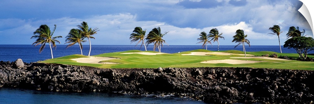 Panoramic photograph of golf course on a rock cliff stretching into the ocean on a cloudy day.  There are palm trees and s...
