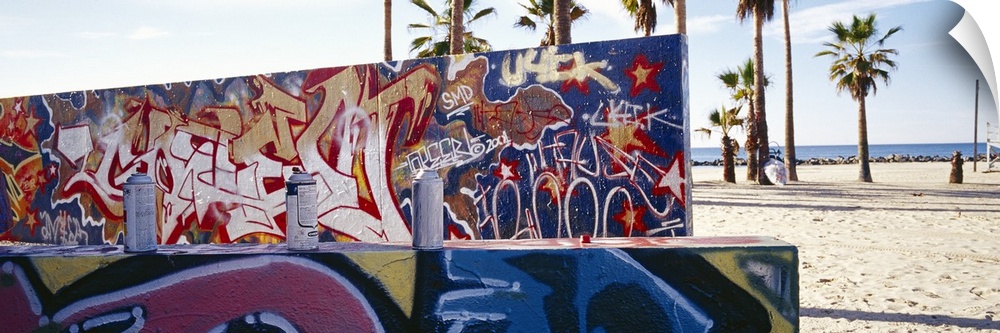 Horizontal, large photograph of two walls covered with graffiti art in Venice Beach, California.   The beach and palm tree...