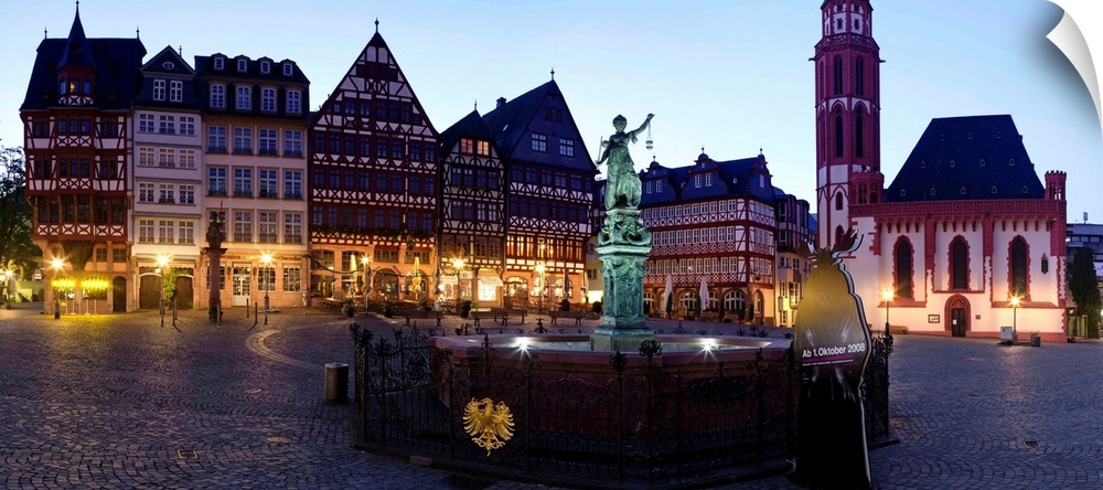 Half-timbered houses on the hill with Justice Fountain and Nikolaikirche, Germany
