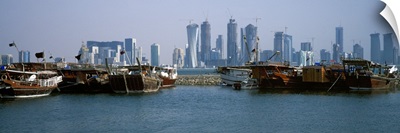 Harbor with skylines in the background Dhow Harbour Doha Ad Dawhah Qatar 2010