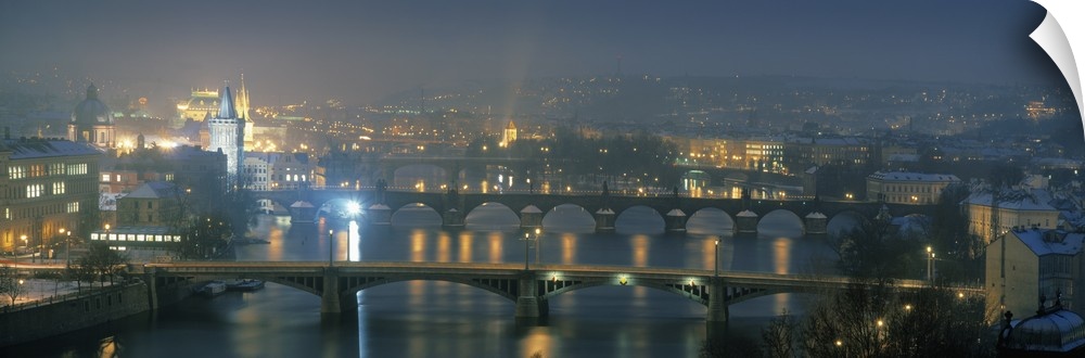 High angle view of a bridge at dusk, Charles Bridge, Prague, Czech Republic