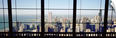 High angle view of a city as seen through a window, Chicago, Illinois