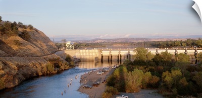 High angle view of a dam on a river, Nimbus Dam, American River, Sacramento County, California