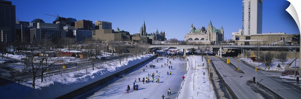 High angle view of a group of people ice skating, Ottawa, Ontario, Canada