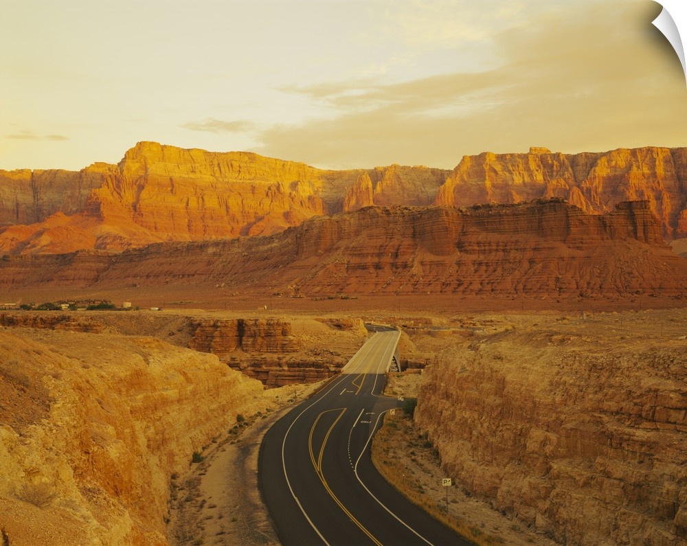 This photograph is taken of a major highway that passes through the desert canyons in Arizona.