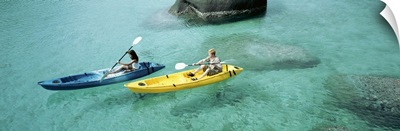 High angle view of a man and a woman in a kayak
