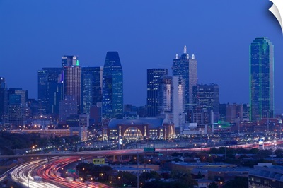 High angle view of a multiple lane highway in front of a city, Interstate-35E, Dallas, Texas