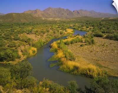 High angle view of a river passing through a landscape, Verde River, Mazatzal Mountains, Tonto National Forest, Maricopa County, Arizona