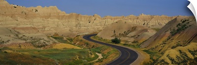 High angle view of a road passing through a landscape, Badlands National Park, South Dakota