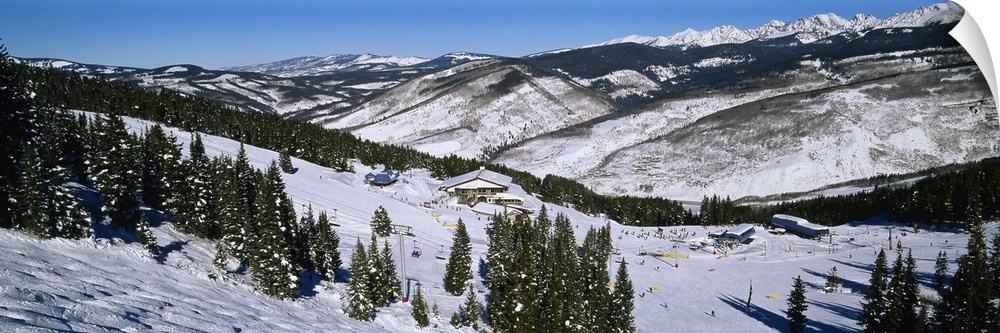 Large landscape photograph of a snow covered hillside lined with trees, at a ski resort in Vail, Colorado.  Snow covered m...