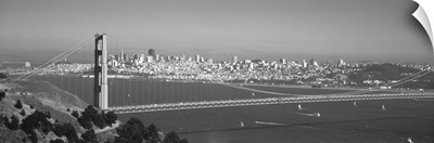 High angle view of a suspension bridge across the sea, Golden Gate Bridge, San Francisco, California
