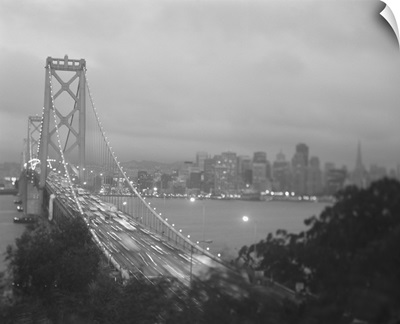 High angle view of a suspension bridge lit up at night, Bay Bridge, San Francisco, California