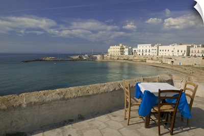 High angle view of a table and a chair in a cafe, Gallipoli, Apulia, Italy
