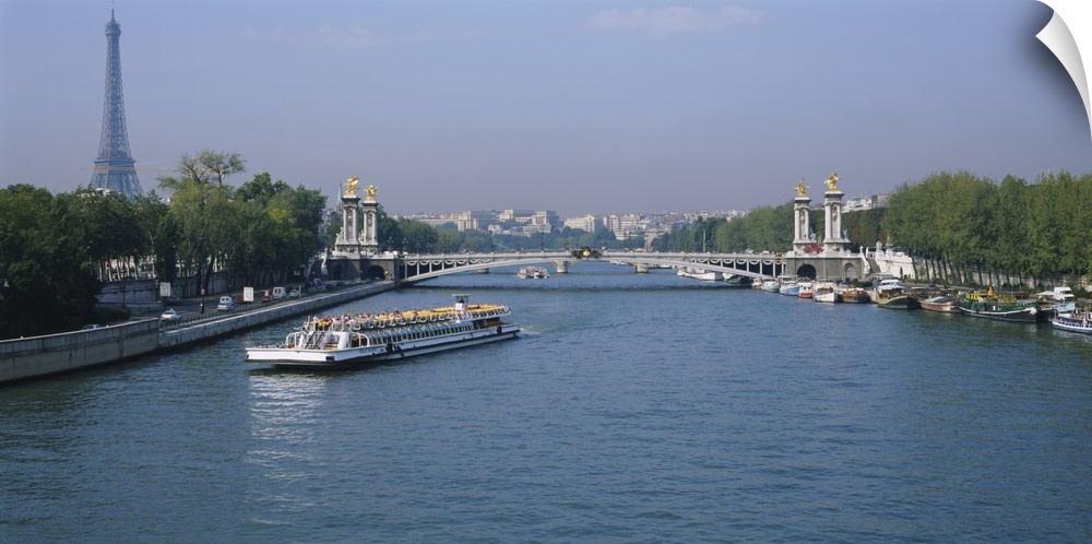 High angle view of a tourboat in a river, Seine River, Paris, France