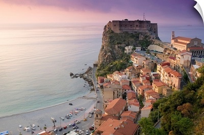 High angle view of a town and a castle on a cliff, Castello Ruffo, Scilla, Calabria, Italy