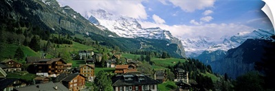 High angle view of a village on a hillside, Wengen, Switzerland