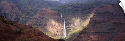 High angle view of a waterfall, Waimea Canyon, Waipoo Falls, Kauai, Hawaii