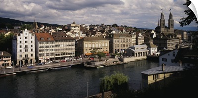High angle view of buildings along a river, River Limmat, Zurich, Switzerland
