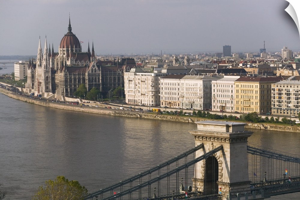High angle view of buildings at the waterfront, Parliament Building, Chain Bridge, Danube River, Budapest, Hungary