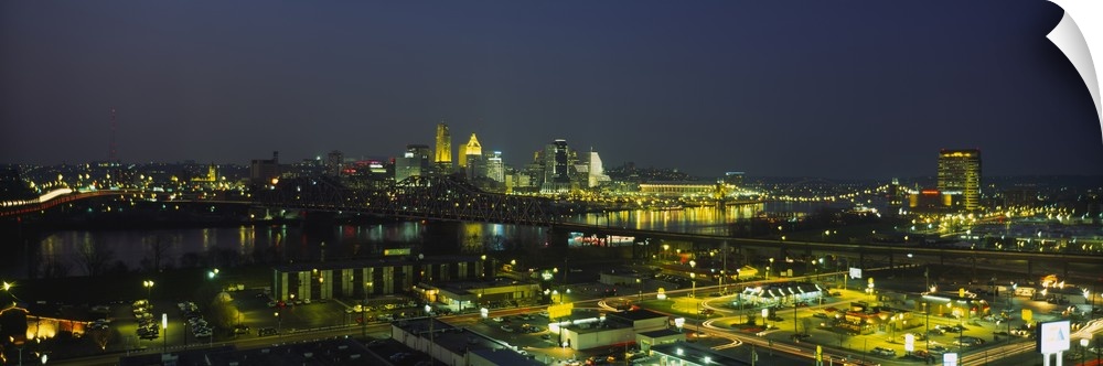 High angle view of buildings in a city lit up at night, Cincinnati, Ohio