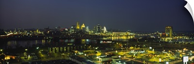 High angle view of buildings in a city lit up at night, Cincinnati, Ohio