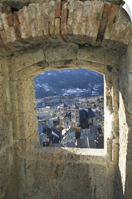 High angle view of buildings in a town viewed through a window, French Alps, Briancon, Provence-Alpes-Cote d'Azur, France