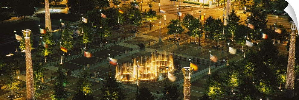 High angle view of fountains in a park lit up at night, Centennial Olympic Park, Atlanta, Georgia