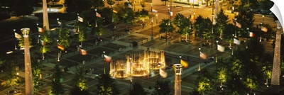 High angle view of fountains in a park lit up at night, Centennial Olympic Park, Atlanta, Georgia