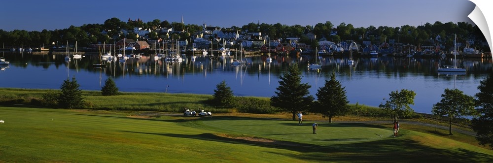 High angle view of four people playing golf at a golf course,Lunenburg Harbor, Lunenburg, Nova Scotia, Canada