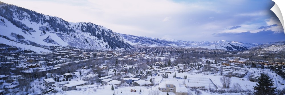 High angle view of houses covered with snow, Aspen, Colorado