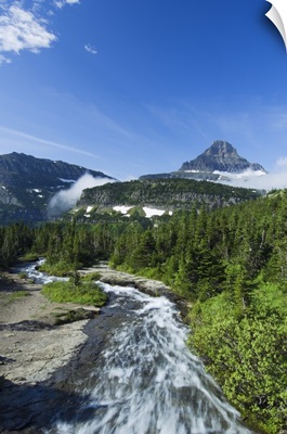 High angle view of Siyeh Creek rushing through pine forest, distant Mount Reynolds against blue sky, Glacier National Park, Montana