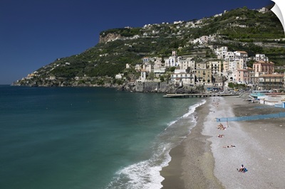 High angle view of the beach, Minori, Amalfi Coast, Campania, Italy