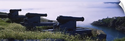 High Angle View Of Three Cannons In A Fort, Signal Hill, Fort Amherst Lighthouse, Saint Johns, Newfoundland And Labrador, Canada