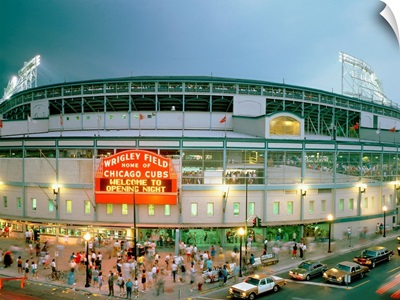 High angle view of tourists outside a baseball stadium opening night, Wrigley Field, Chicago, Illinois, 1998
