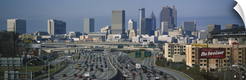 Wide angle view of the skyline and roads leading into the city of Atlanta.