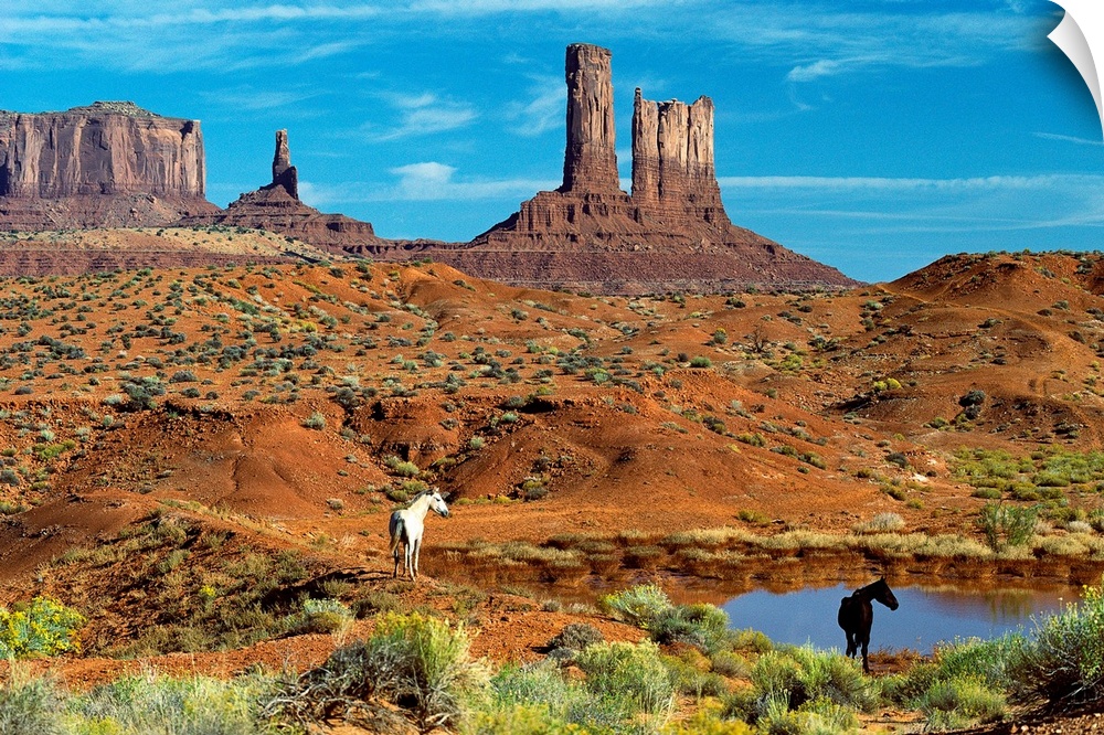 Photograph of Monument Valley in Colorado featuring clusters of sandstone buttes, rocky plateaus, hills of desert sand, an...