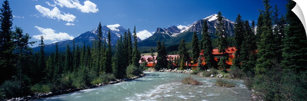 Hotel at a riverside, Post Hotel, Fairview Mountain, Pipestone River, Banff National Park, Alberta, Canada