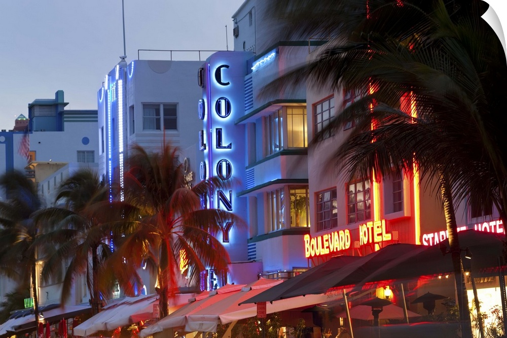 Hotels lit up at dusk in a city, Miami, Miami-Dade County, Florida