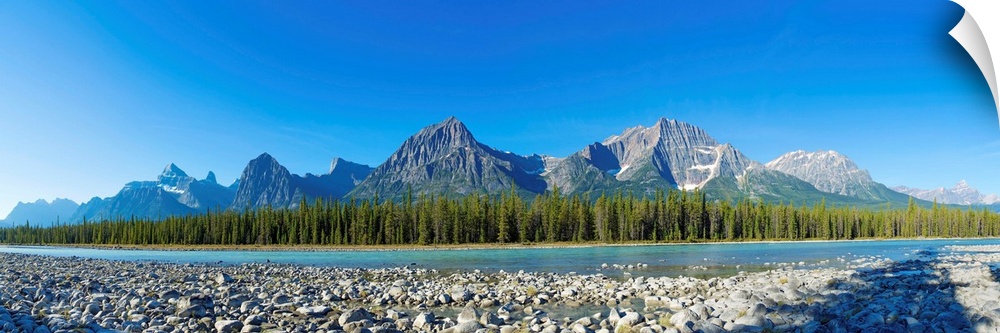 Stones in Athabasca River with mountains in the background, Icefields Parkway, Jasper National Park, Alberta, Canada