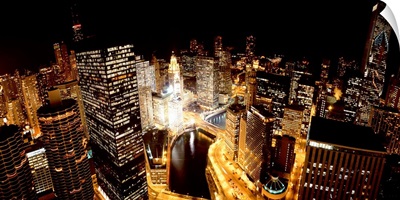Illinois, Chicago, Chicago River, High angle view of the city at night