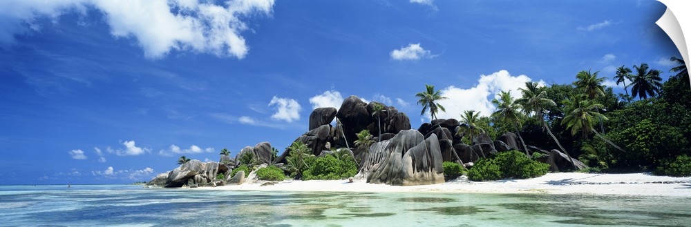 A panoramic photograph of a tropical beach lined with large boulders and palm trees taken on a sunny day.