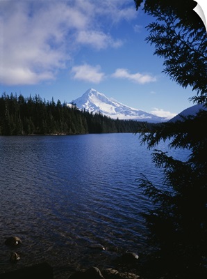 Lake in front of snow covered mountain, Mt Hood, Lost Lake, Oregon